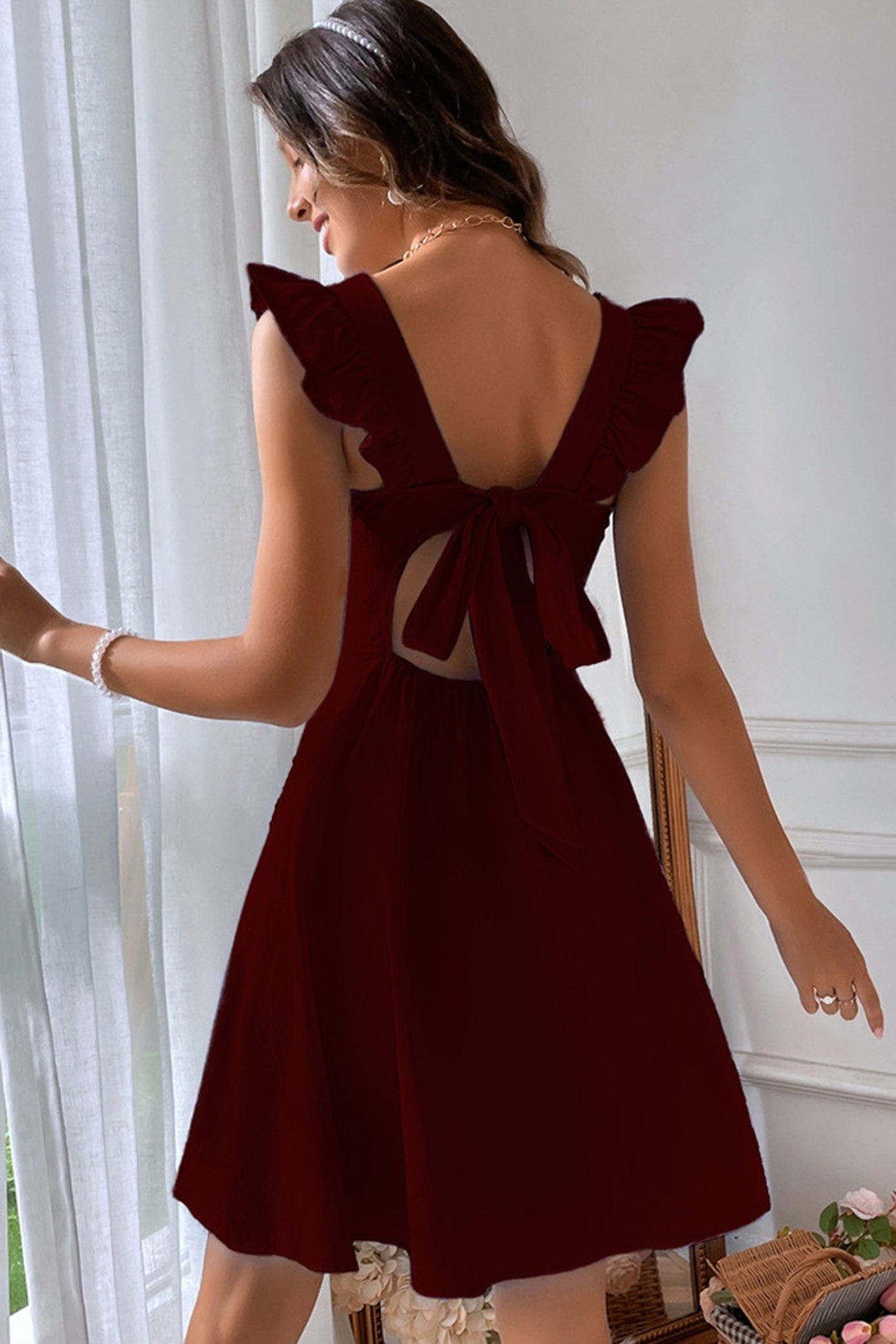 Square Neck Ruffle Strap Tie Back A-Line Mini Dress