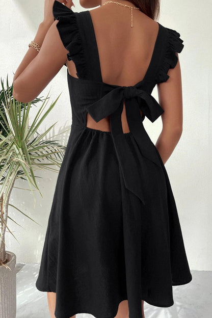 Square Neck Ruffle Strap Tie Back A-Line Mini Dress