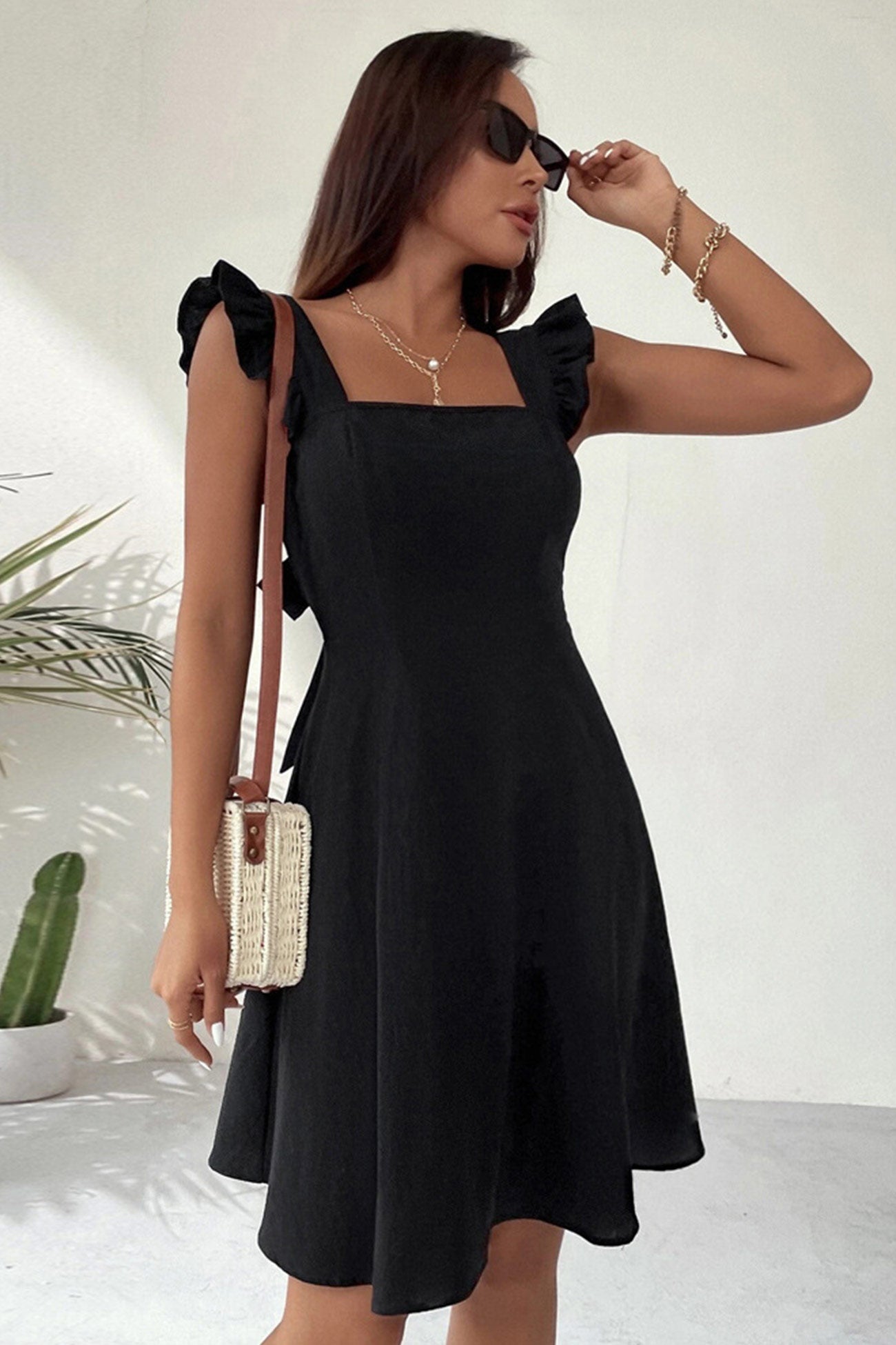 Square Neck Ruffle Strap Tie Back A-Line Mini Dress