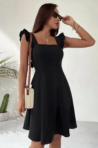 Square Neck Ruffle Strap Tie Back A-Line Mini Dress