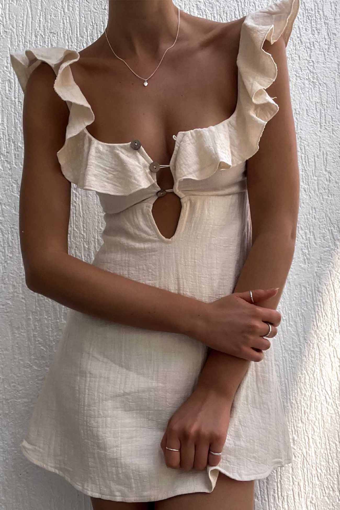 Square Neck Keyhole Button Front Ruffle Trim Gauze Fit and Flare Mini Dress