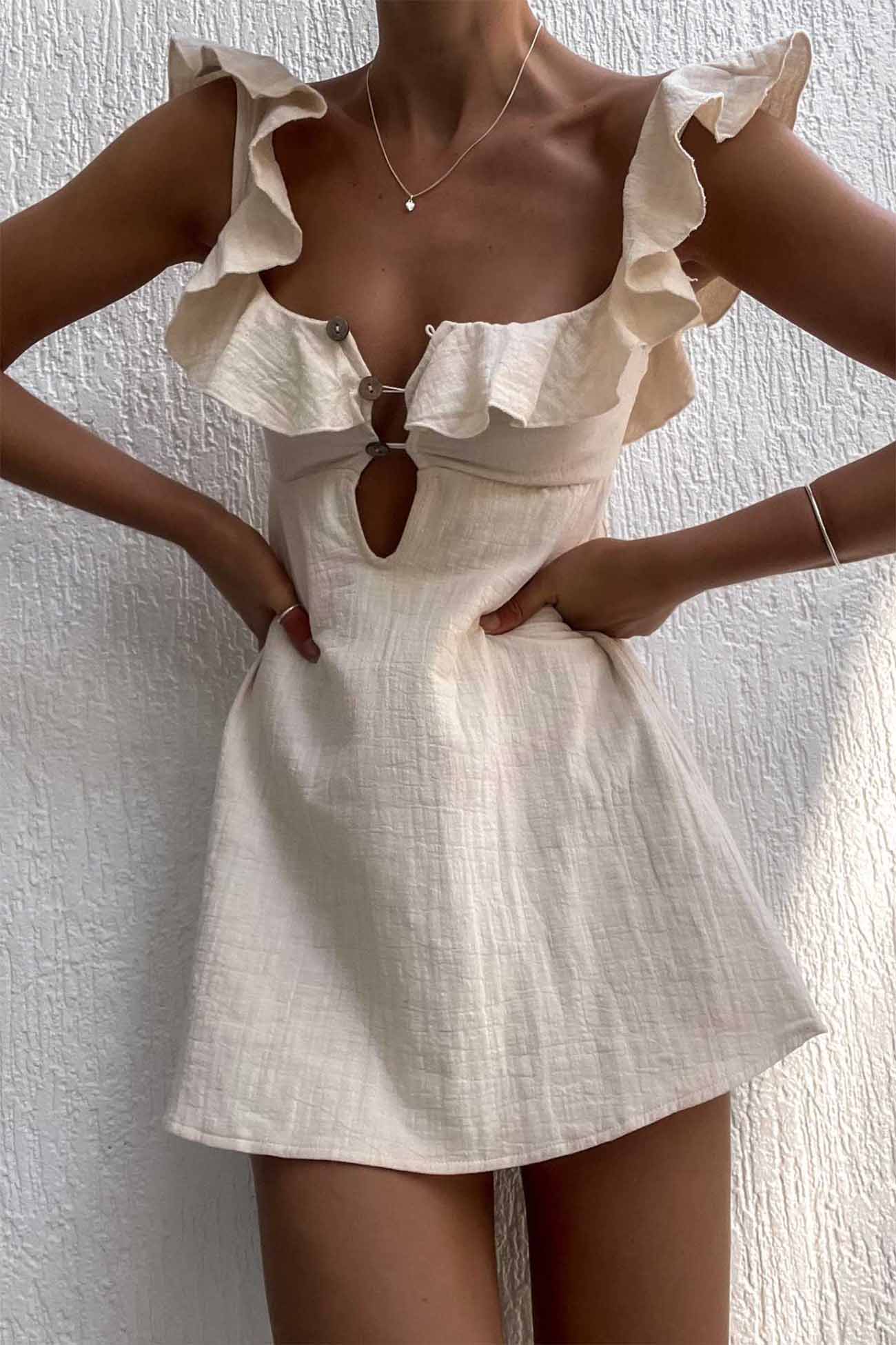 Square Neck Keyhole Button Front Ruffle Trim Gauze Fit and Flare Mini Dress