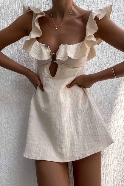 Square Neck Keyhole Button Front Ruffle Trim Gauze Fit and Flare Mini Dress