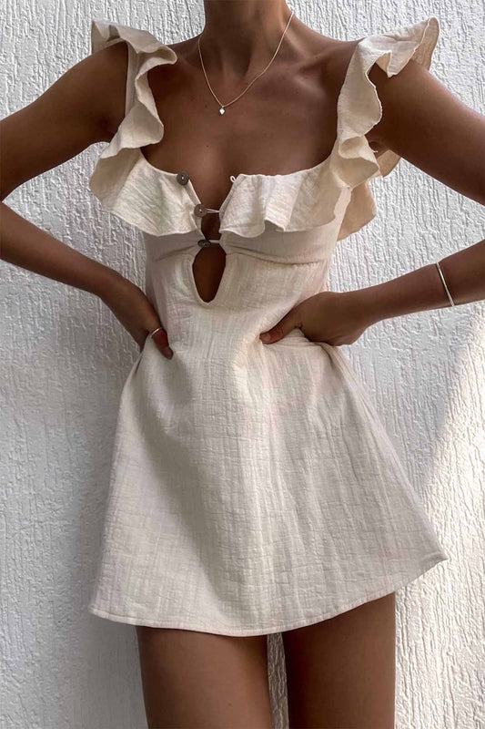 Square Neck Keyhole Button Front Ruffle Trim Gauze Fit and Flare Mini Dress