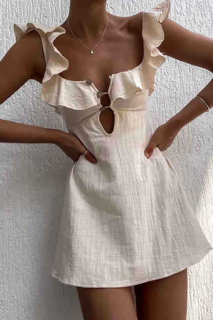 Square Neck Keyhole Button Front Ruffle Trim Gauze Fit and Flare Mini Dress