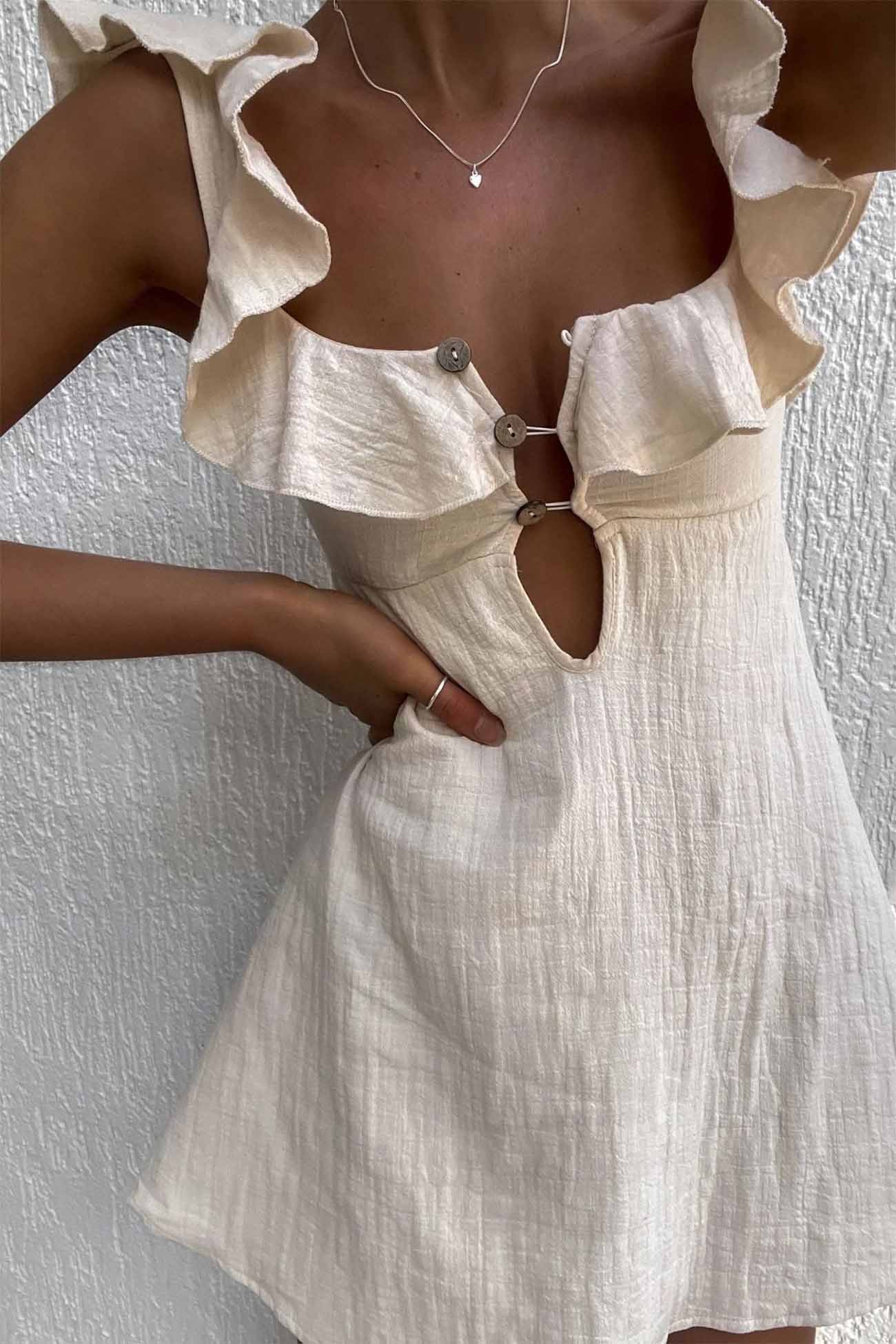 Square Neck Keyhole Button Front Ruffle Trim Gauze Fit and Flare Mini Dress