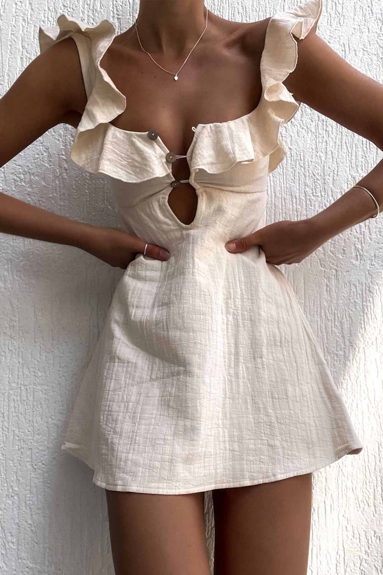 Square Neck Keyhole Button Front Ruffle Trim Gauze Fit and Flare Mini Dress