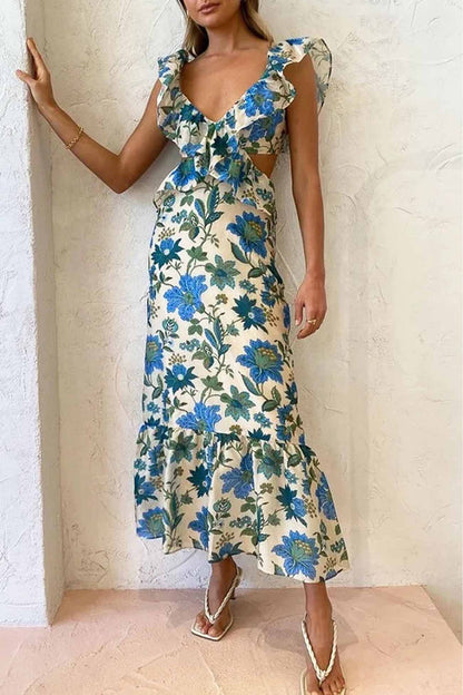 Ruffle V-Neck Waist Cut Out Floral Print Mermaid Ruffle Hem Maxi Dress