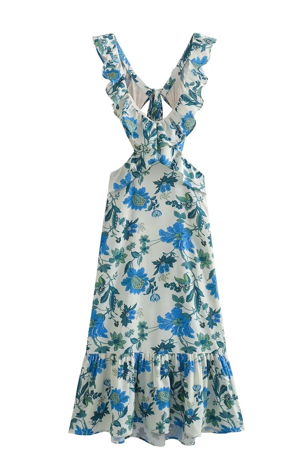 Ruffle V-Neck Waist Cut Out Floral Print Mermaid Ruffle Hem Maxi Dress