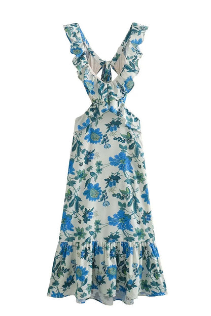 Ruffle V-Neck Waist Cut Out Floral Print Mermaid Ruffle Hem Maxi Dress