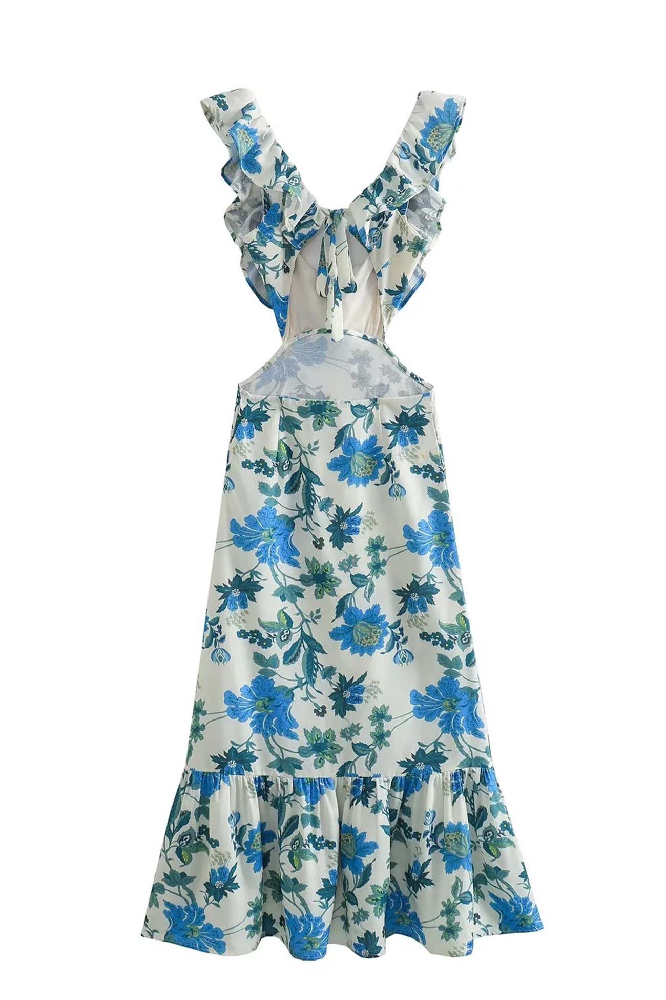 Ruffle V-Neck Waist Cut Out Floral Print Mermaid Ruffle Hem Maxi Dress