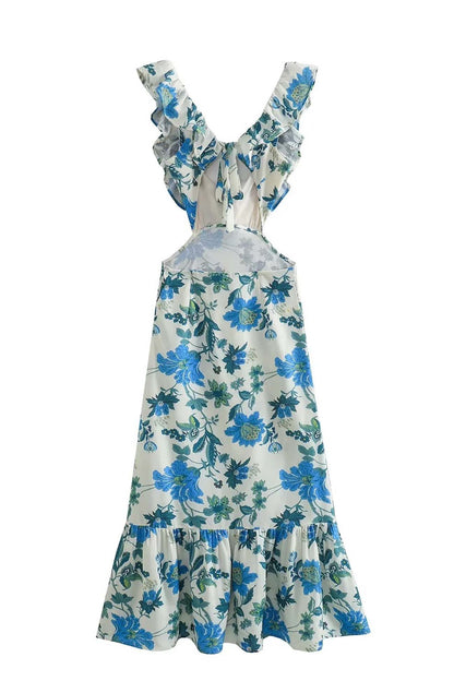 Ruffle V-Neck Waist Cut Out Floral Print Mermaid Ruffle Hem Maxi Dress