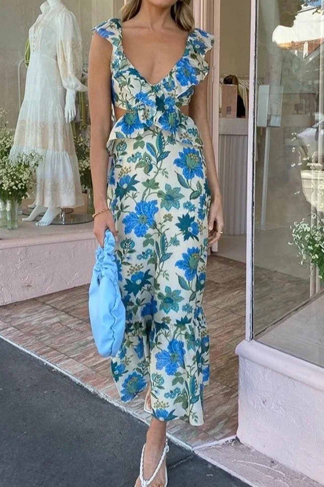 Ruffle V-Neck Waist Cut Out Floral Print Mermaid Ruffle Hem Maxi Dress