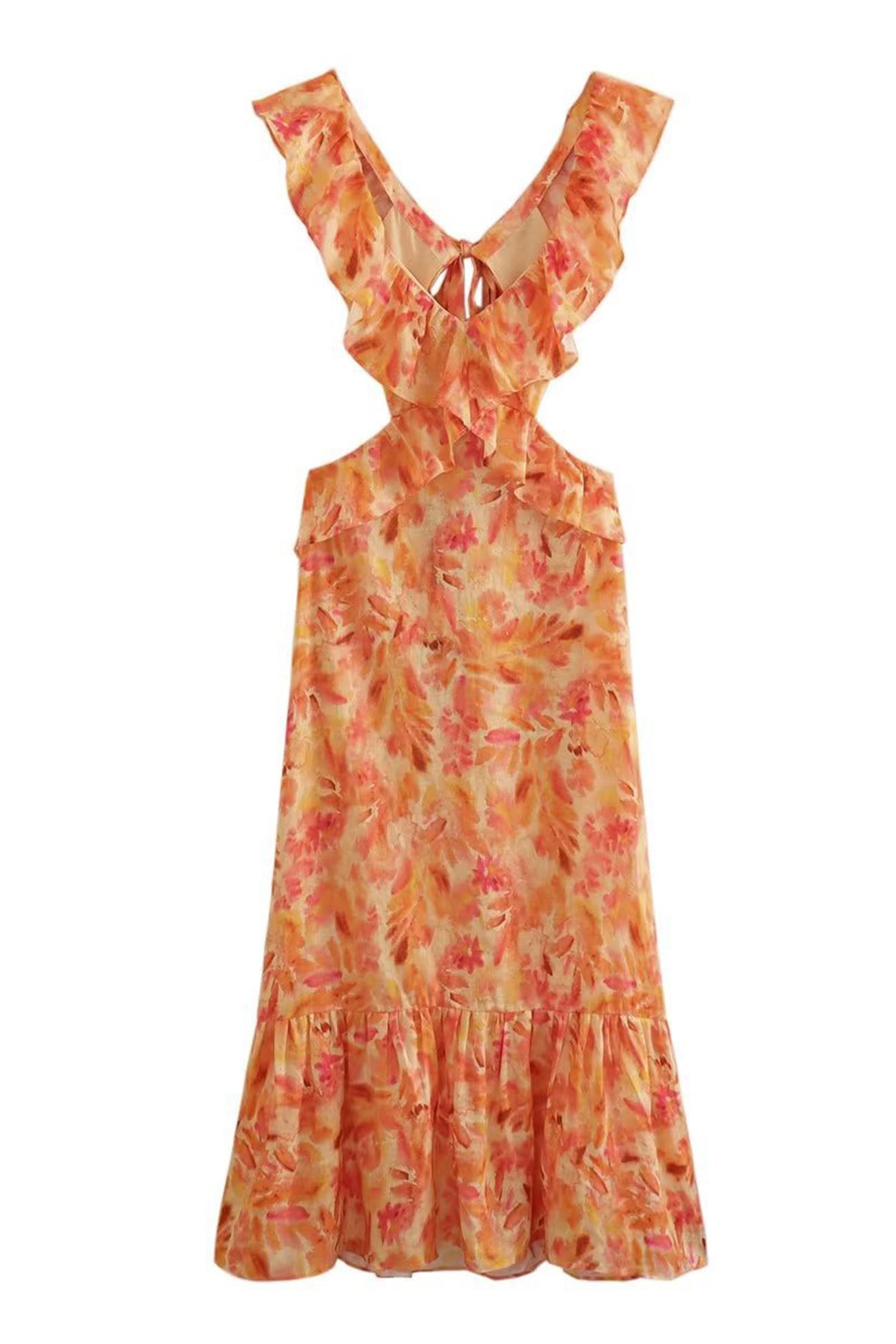 Ruffle V-Neck Waist Cut Out Floral Print Mermaid Ruffle Hem Maxi Dress