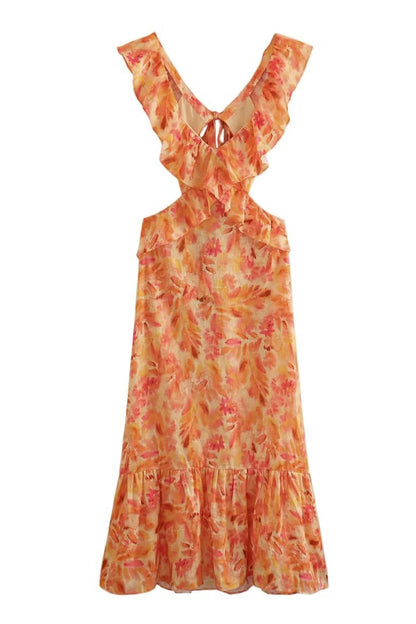 Ruffle V-Neck Waist Cut Out Floral Print Mermaid Ruffle Hem Maxi Dress