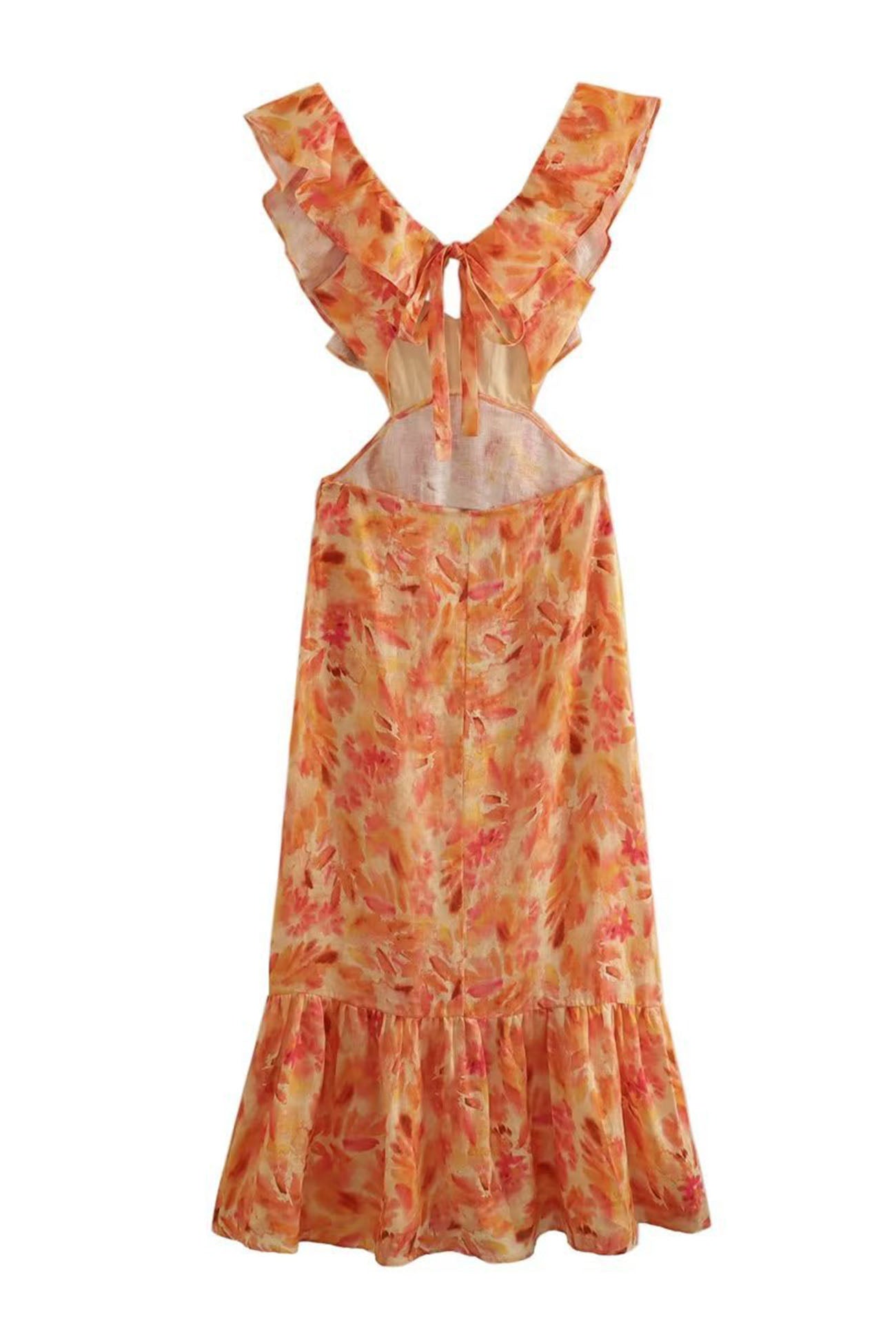 Ruffle V-Neck Waist Cut Out Floral Print Mermaid Ruffle Hem Maxi Dress