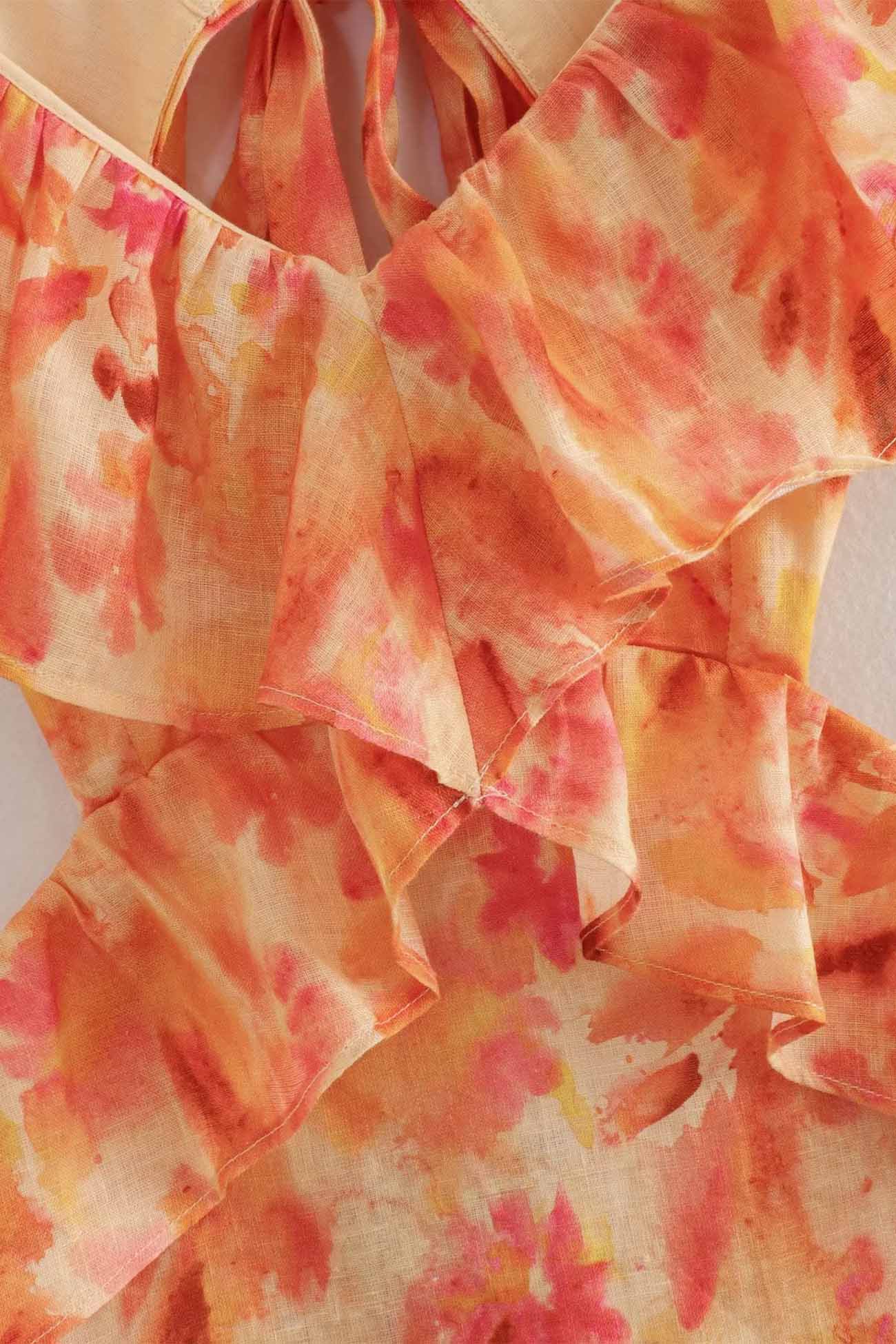 Ruffle V-Neck Waist Cut Out Floral Print Mermaid Ruffle Hem Maxi Dress