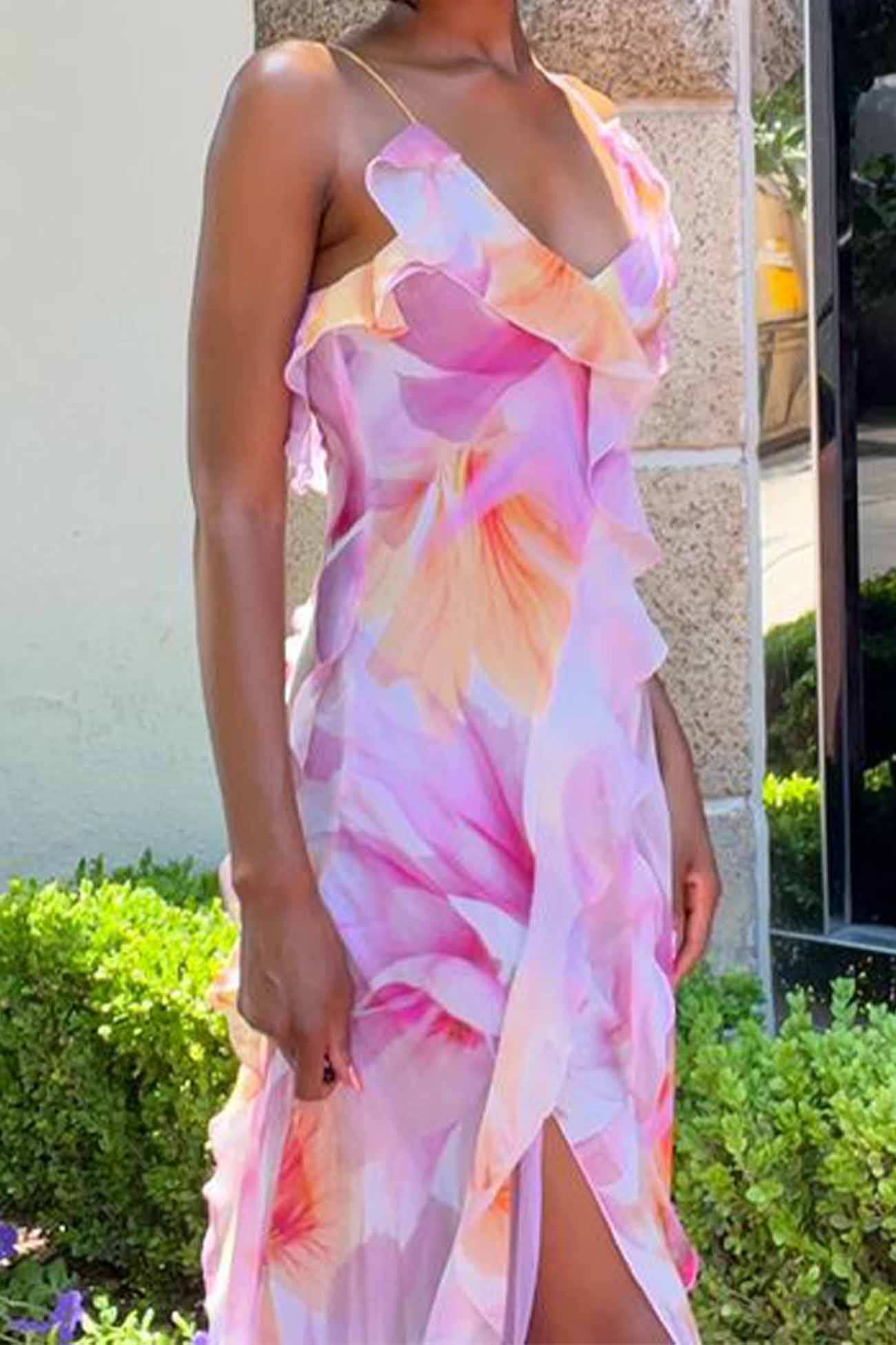 Floral Print Spaghetti Strap Ruffle Trim Wrap Front High-Low Maxi Dress