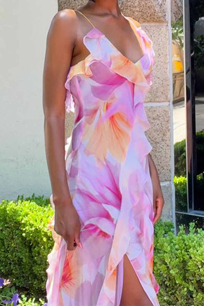 Floral Print Spaghetti Strap Ruffle Trim Wrap Front High-Low Maxi Dress