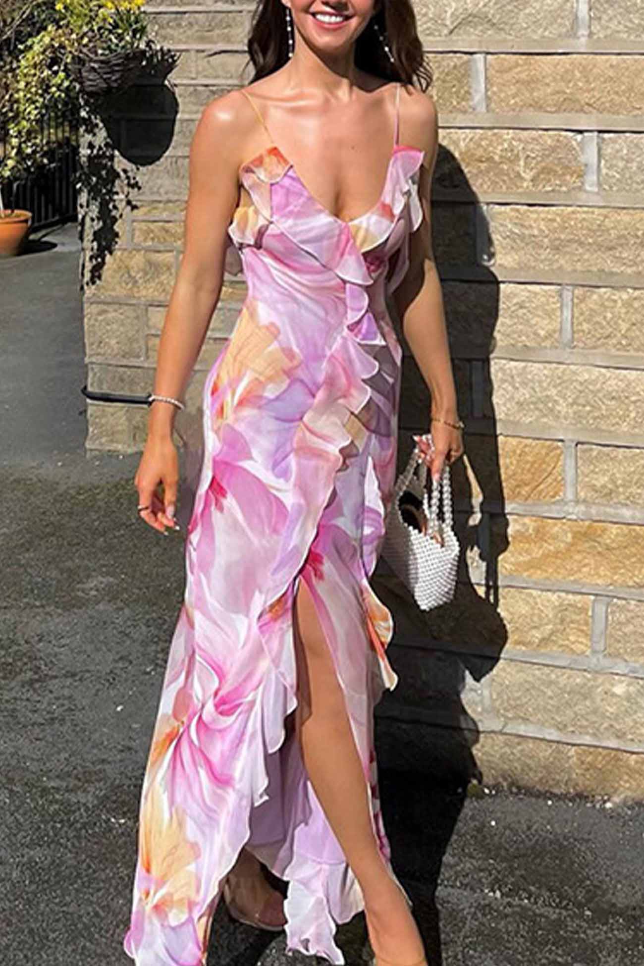 Floral Print Spaghetti Strap Ruffle Trim Wrap Front High-Low Maxi Dress