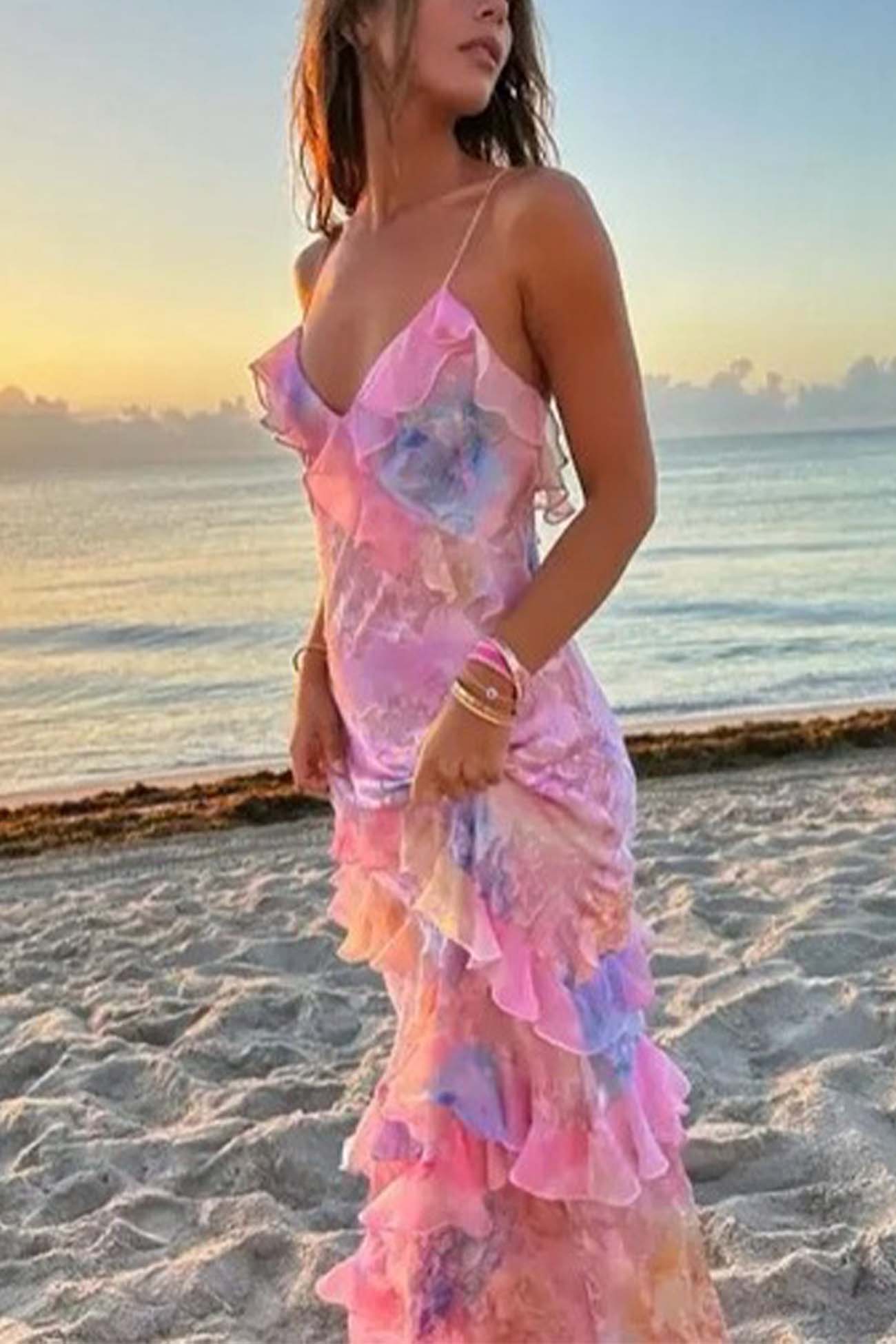 Ruffled Tier Plunge V-Neck Spaghetti Strap Maxi Dress