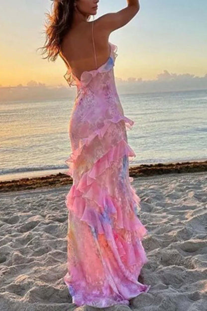 Ruffled Tier Plunge V-Neck Spaghetti Strap Maxi Dress