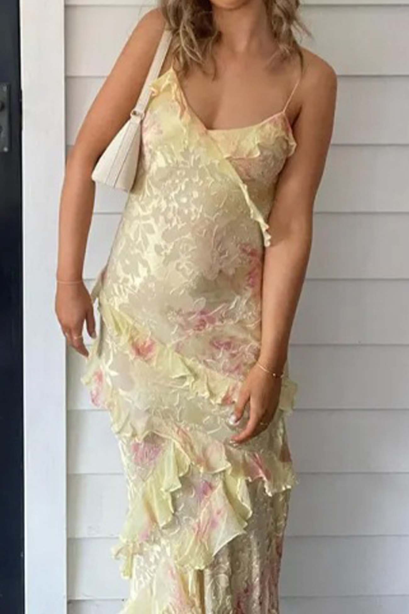 Ruffled Tier Plunge V-Neck Spaghetti Strap Maxi Dress