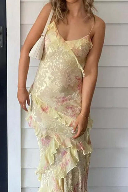 Ruffled Tier Plunge V-Neck Spaghetti Strap Maxi Dress