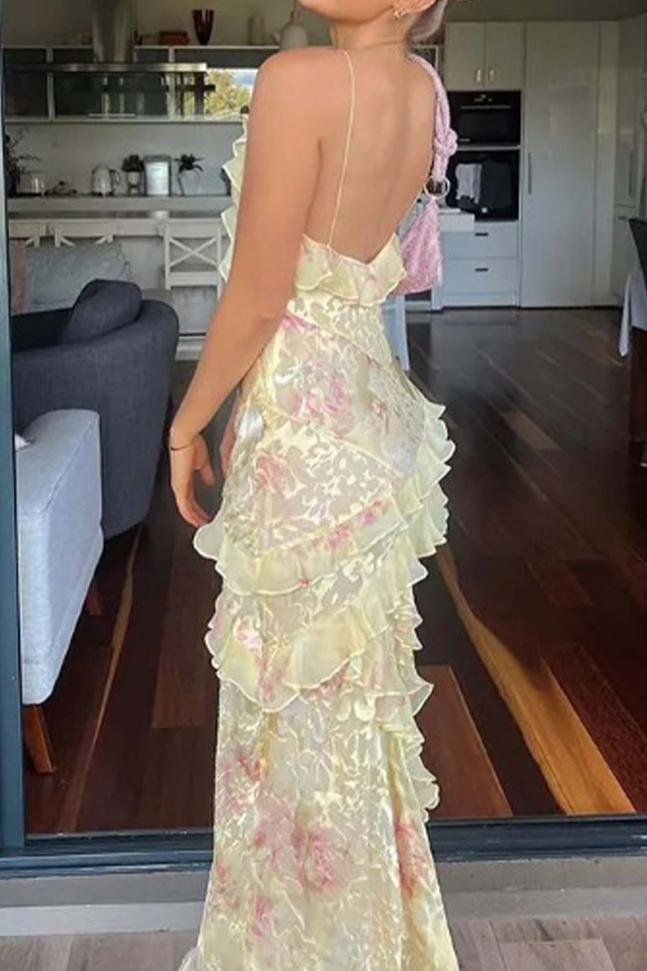 Ruffled Tier Plunge V-Neck Spaghetti Strap Maxi Dress