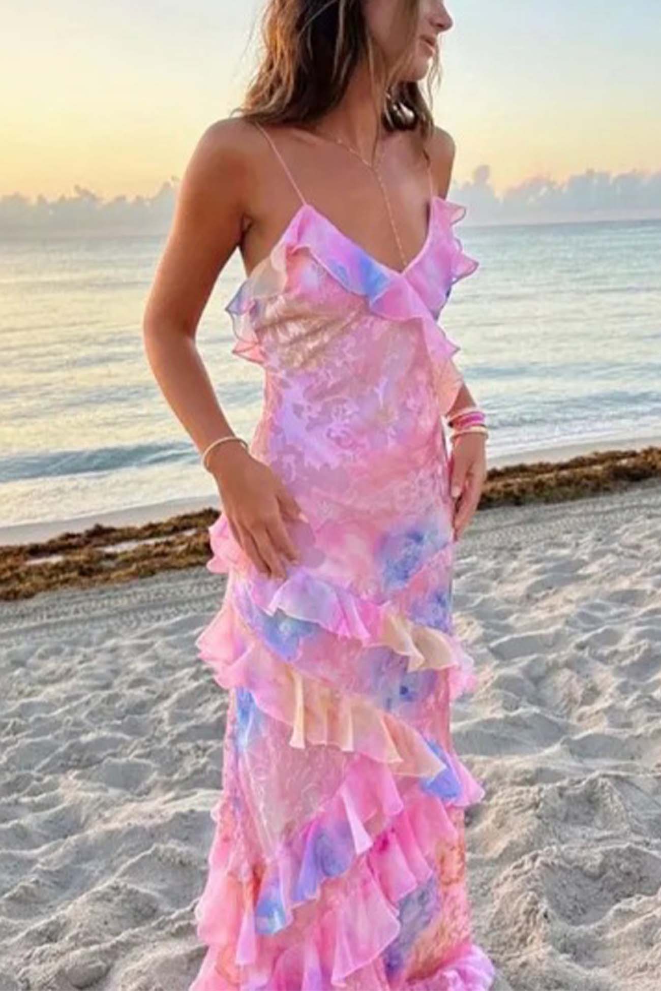 Ruffled Tier Plunge V-Neck Spaghetti Strap Maxi Dress