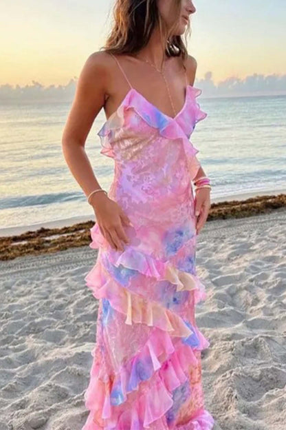 Ruffled Tier Plunge V-Neck Spaghetti Strap Maxi Dress