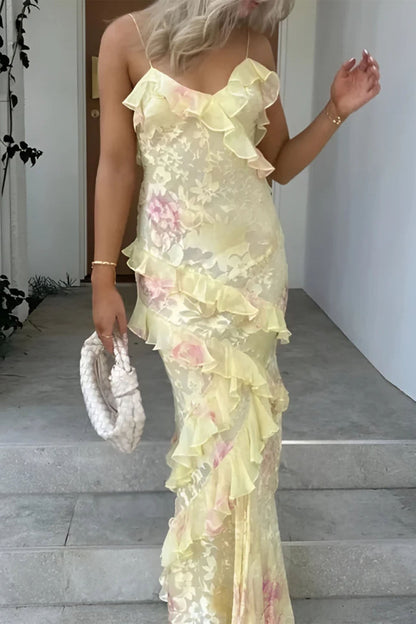 Ruffled Tier Plunge V-Neck Spaghetti Strap Maxi Dress