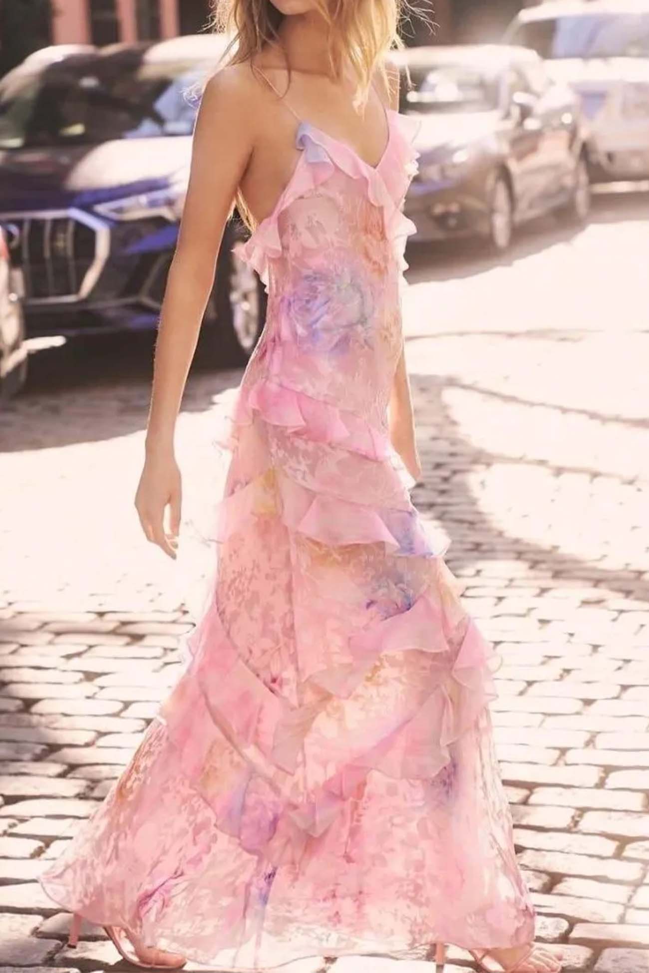 Ruffled Tier Plunge V-Neck Spaghetti Strap Maxi Dress