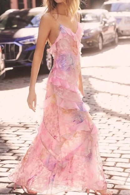 Ruffled Tier Plunge V-Neck Spaghetti Strap Maxi Dress