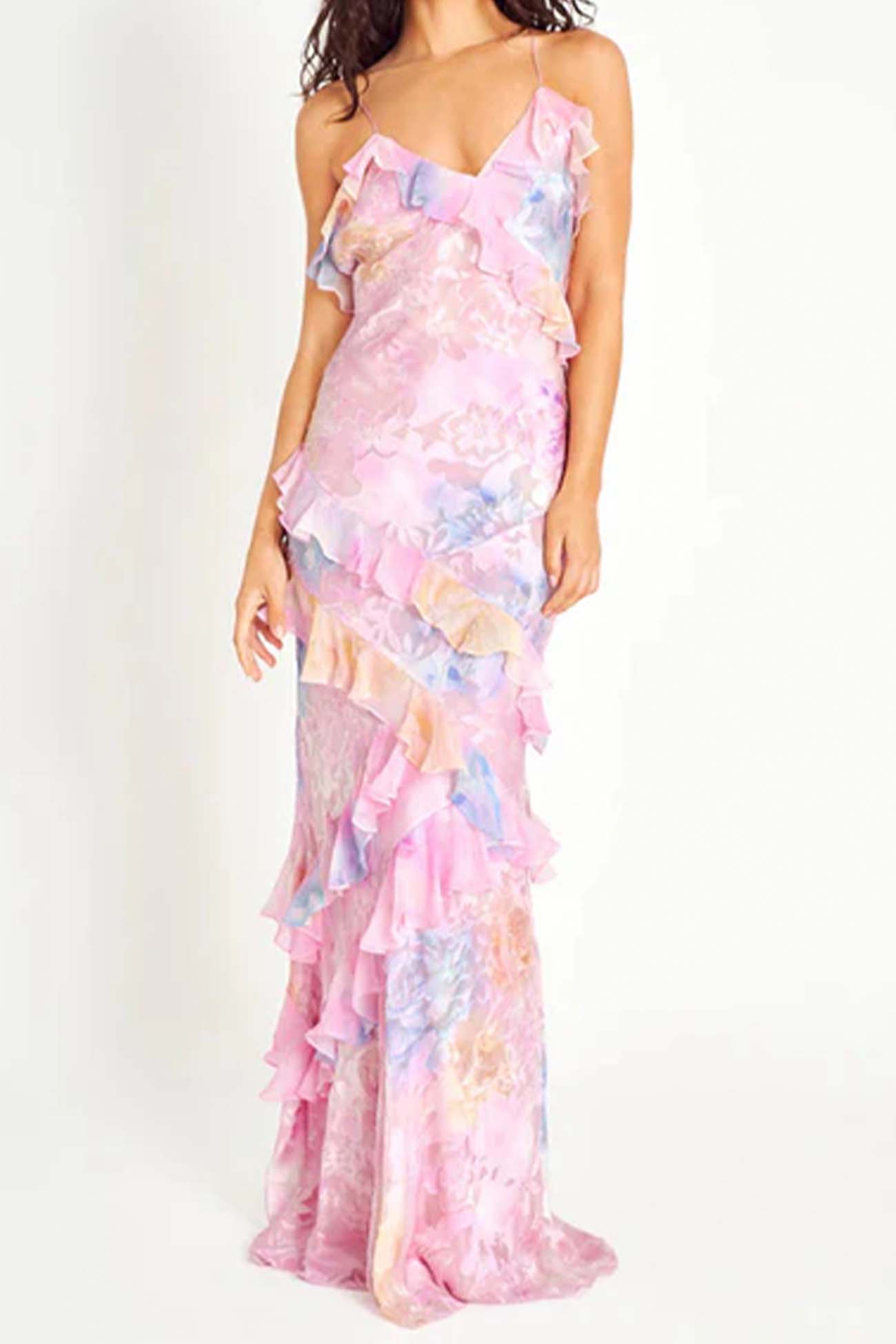 Ruffled Tier Plunge V-Neck Spaghetti Strap Maxi Dress