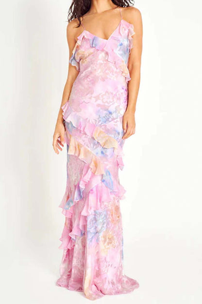 Ruffled Tier Plunge V-Neck Spaghetti Strap Maxi Dress