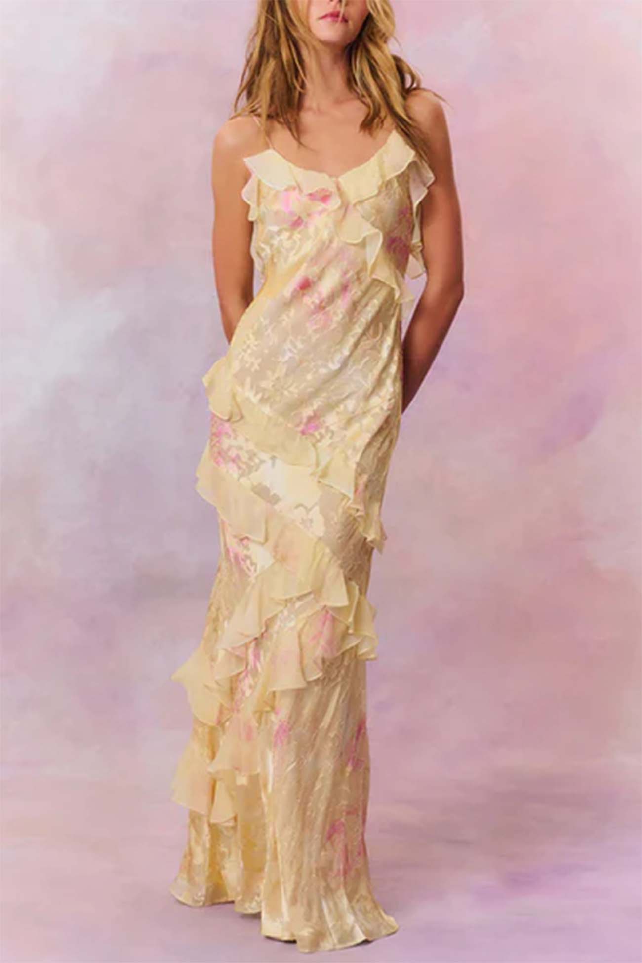 Ruffled Tier Plunge V-Neck Spaghetti Strap Maxi Dress