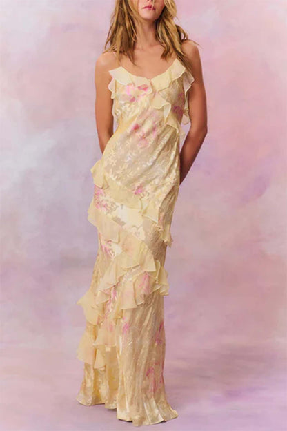 Ruffled Tier Plunge V-Neck Spaghetti Strap Maxi Dress