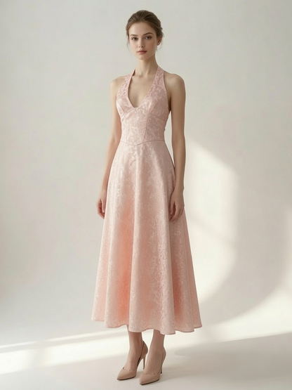 Soft Pink Floral Midi Dress Halter Summer A-line Vintage Dress For Women 2026