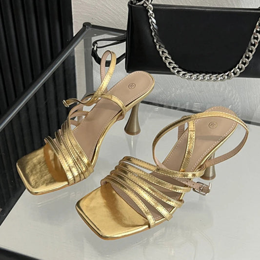 Summer Golden Silver Square Toe Sandals for Women