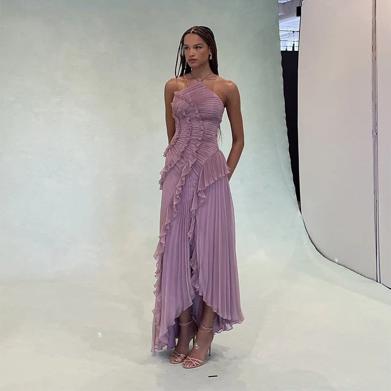 Pleated Halter Lotus Floral Dress