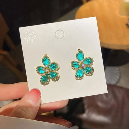 Purple Green Crystal Flower Dangle Earrings for Women Gold Metal Petals 2023