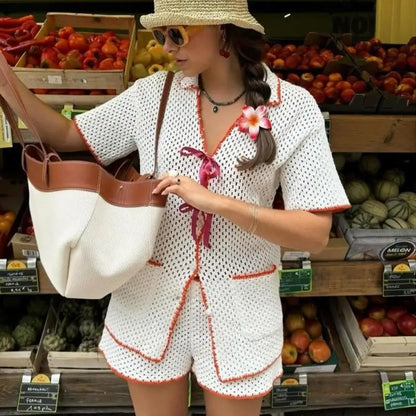 Lace Up Lapel Shorts Knit Set