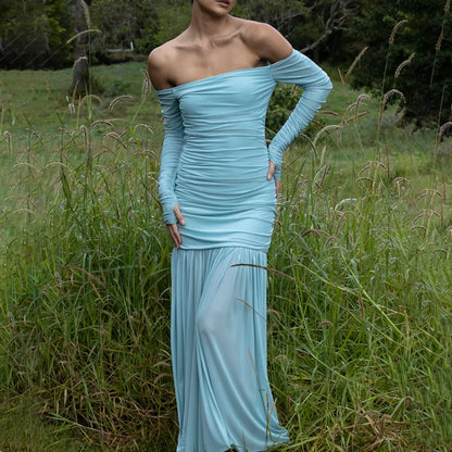 Light Blue Off Shoulder Full Sleeves Ruffled Prom Dress
