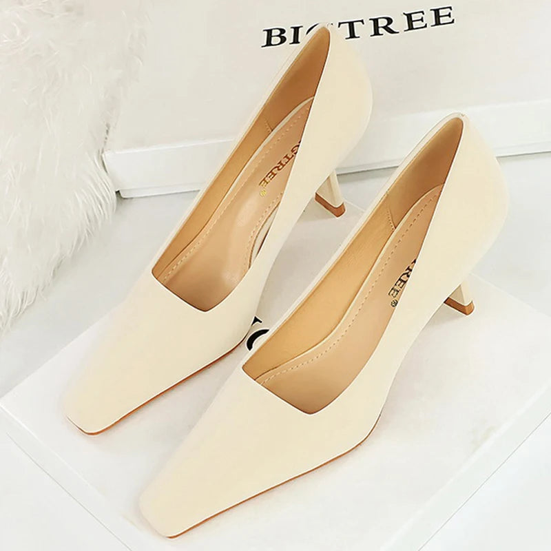 Spring Kitten Heels Square Head Women Pumps for Career Office Elegant Style