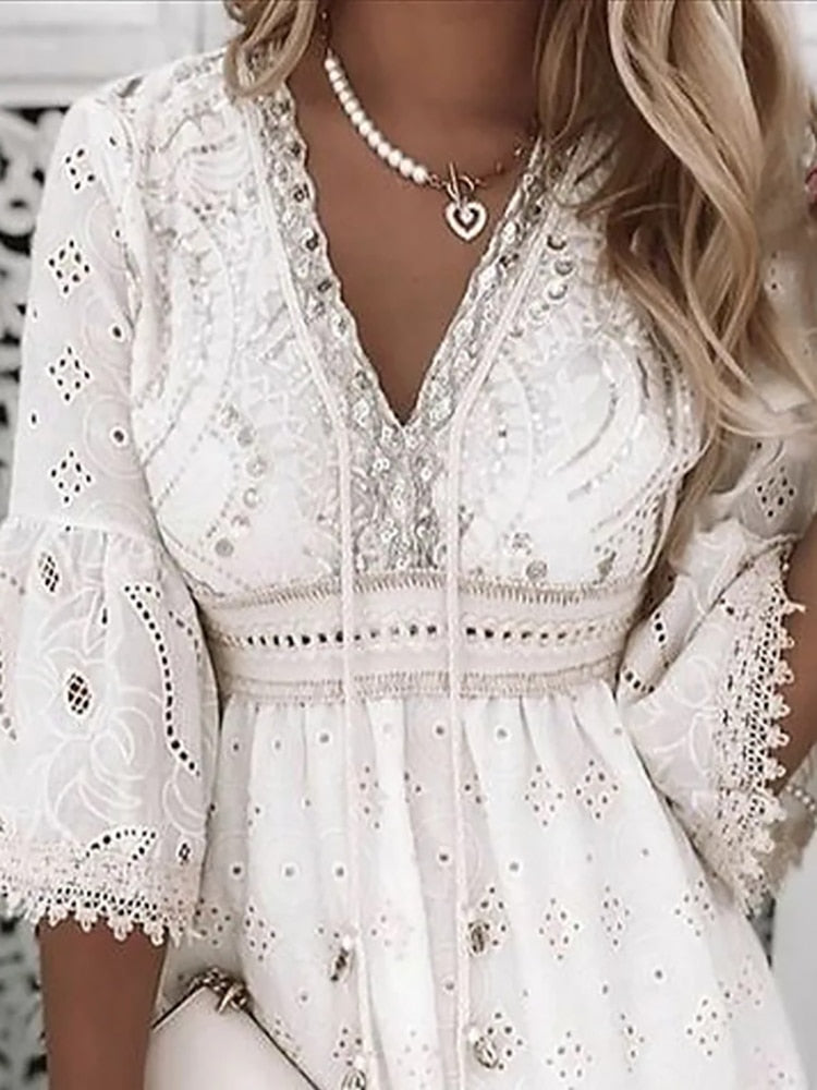 Sequin Embellished Eyelet Embroidery V-Neck Bell Sleeve Empire Waist Mini Dress
