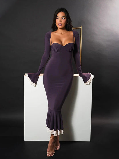 Patchwork Square Collar Evening Fishtail Dress