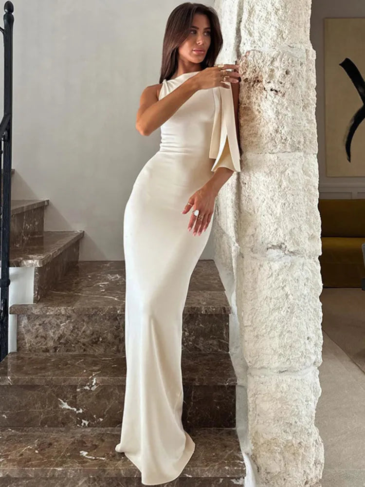 Boat Neck Asymmetric Draped Shoulder Column Maxi Dress