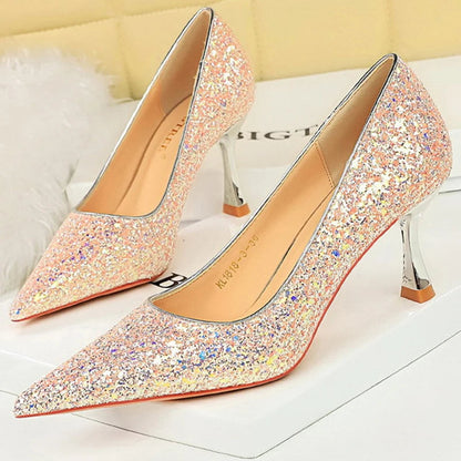 Shiny Sequin Cloth Women Pumps with 7 cm Metal Heel