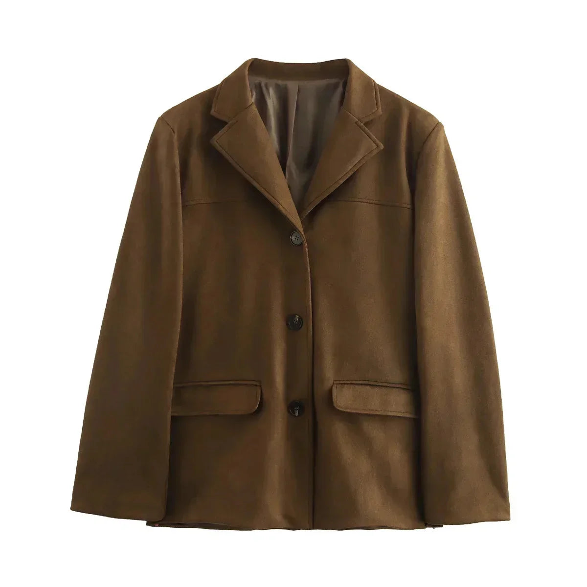 Vintage Lapel Pocket Suede Leather Jacket Women Fashion Loose Single Button Oversize Brown Coats Female Street Chic Clothes